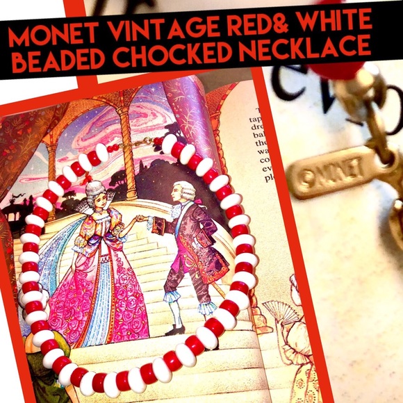 Monet vintage Red& white beaded choker Necklace🎪 collectible costume jewelry - Picture 4 of 4